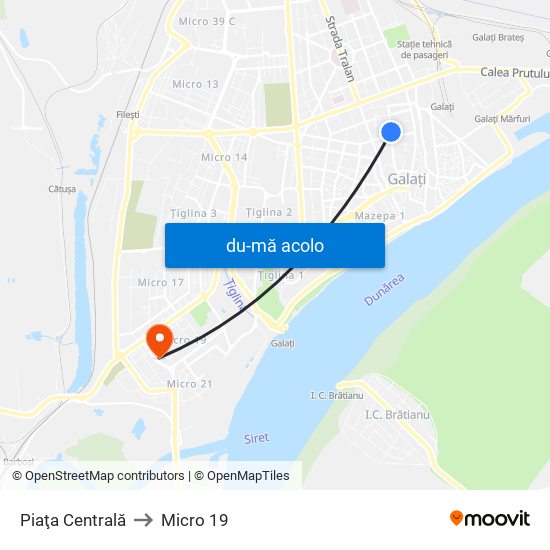 Harta de Piaţa Centrală către Micro 19