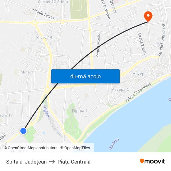 Harta de Spitalul Județean către Piaţa Centrală