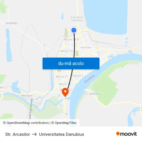 Harta de Str. Arcasilor către Universitatea Danubius