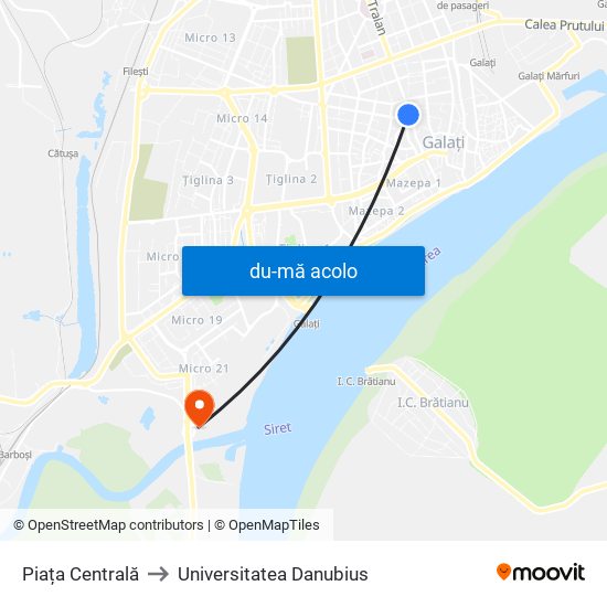 Harta de Piața Centrală către Universitatea Danubius