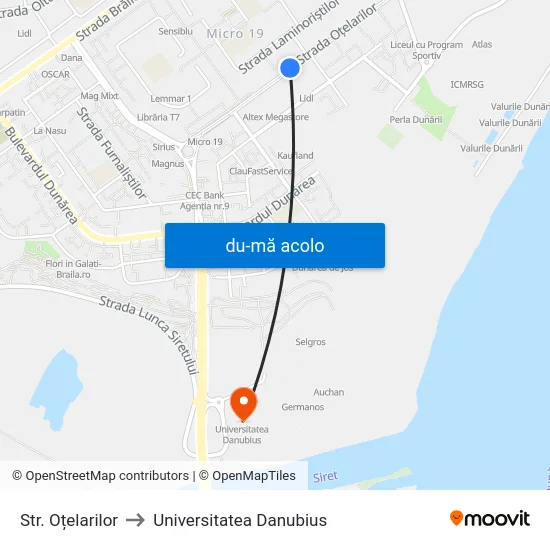 Harta de Str. Oțelarilor către Universitatea Danubius