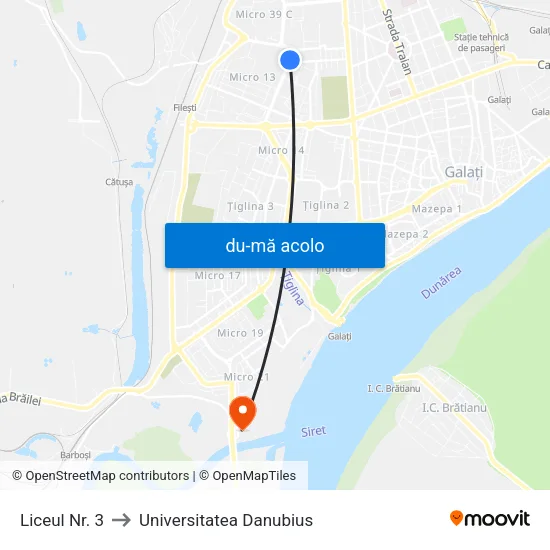 Harta de Liceul Nr. 3 către Universitatea Danubius