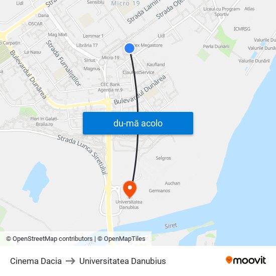 Harta de Cinema Dacia către Universitatea Danubius