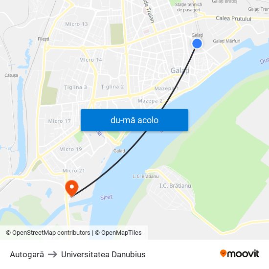 Harta de Autogară către Universitatea Danubius