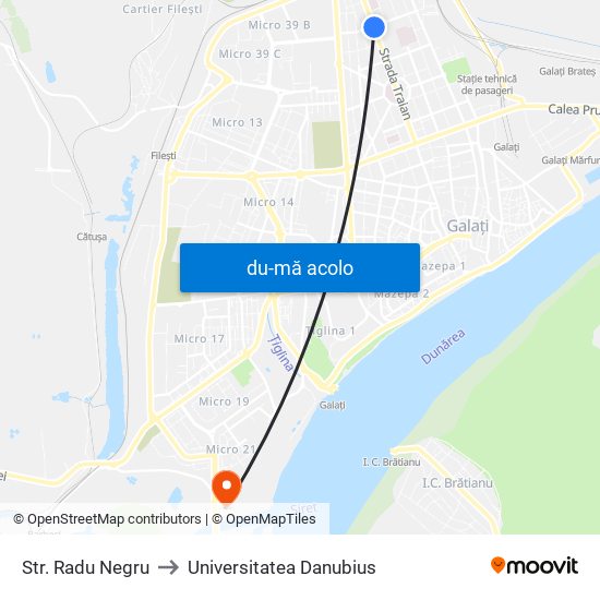 Harta de Str. Radu Negru către Universitatea Danubius