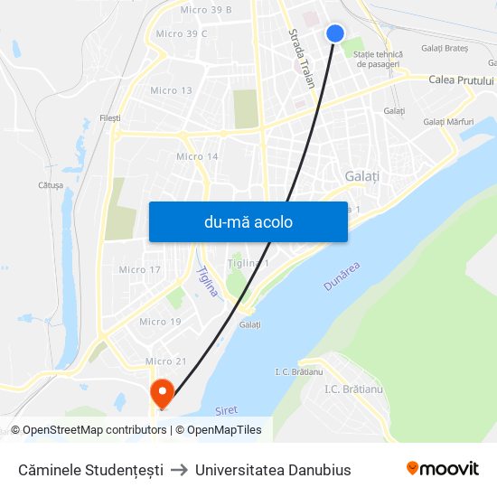 Harta de Căminele Studențești către Universitatea Danubius