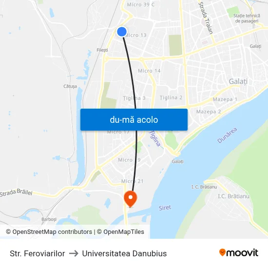 Harta de Str. Feroviarilor către Universitatea Danubius