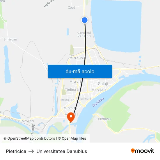 Harta de Pietricica către Universitatea Danubius