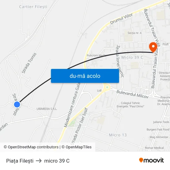 Harta de Piața Filești către micro 39 C
