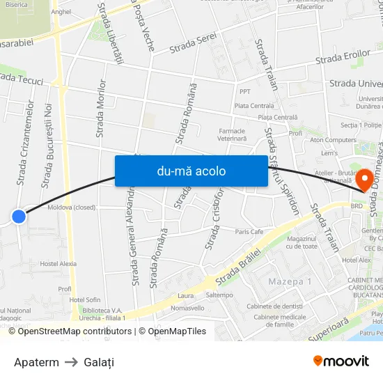 Harta de Apaterm către Galați
