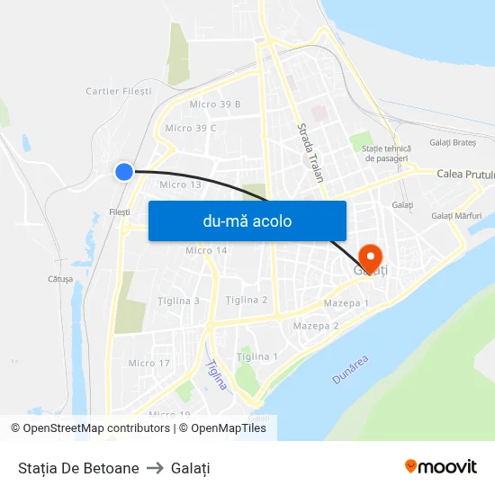 Harta de Stația De Betoane către Galați