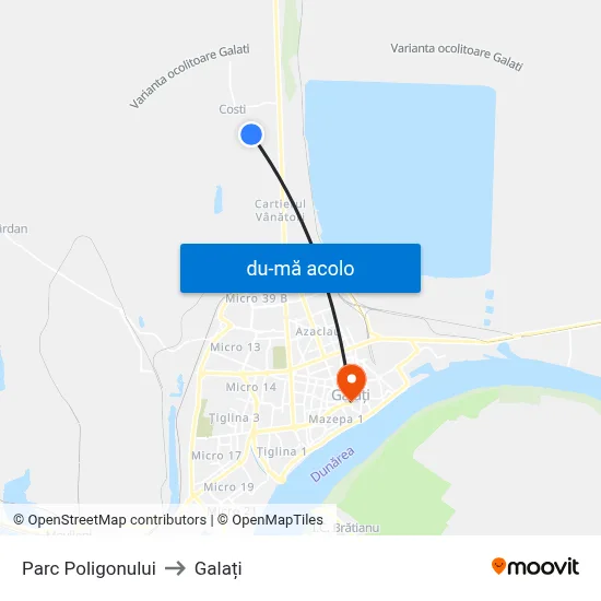 Harta de Parc Poligonului către Galați