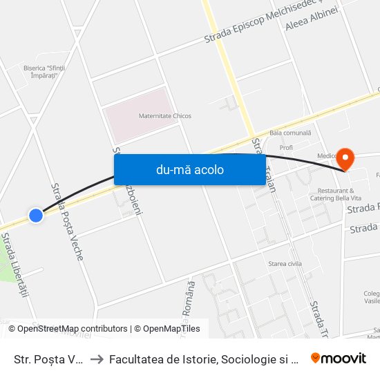 Harta de Str. Poșta Veche către Facultatea de Istorie, Sociologie si Psihologie