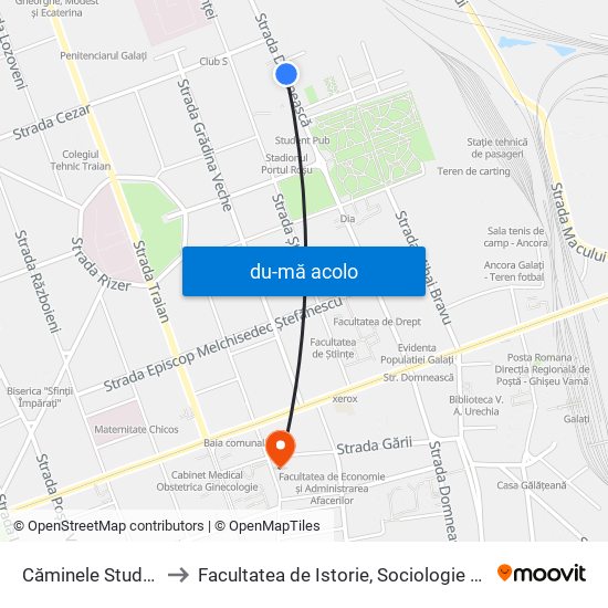 Harta de Căminele Studențești către Facultatea de Istorie, Sociologie si Psihologie