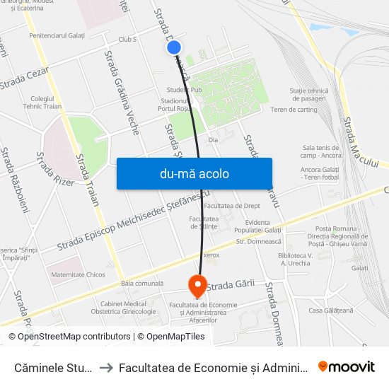 Harta de Căminele Studențești către Facultatea de Economie și Administrarea Afacerilor