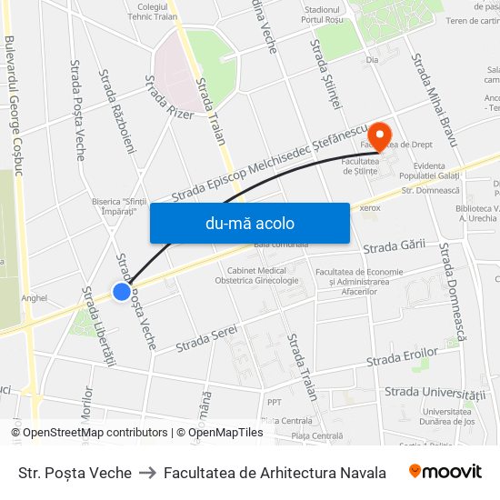 Harta de Str. Poșta Veche către Facultatea de Arhitectura Navala