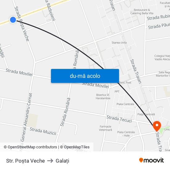 Harta de Str. Poșta Veche către Galați