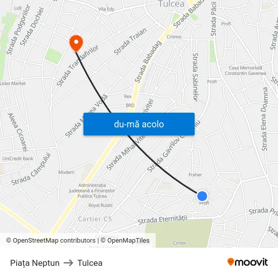 Harta de Piața Neptun către Tulcea