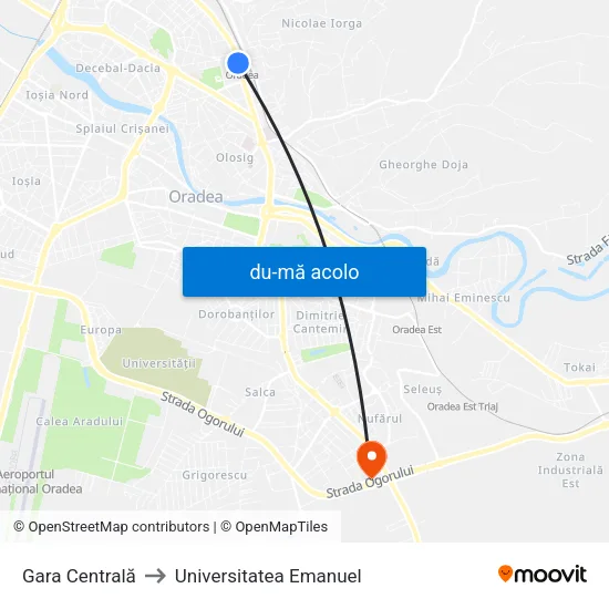 Harta de Gara Centrală către Universitatea Emanuel