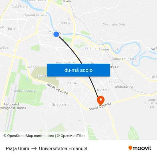 Harta de Piața Unirii către Universitatea Emanuel