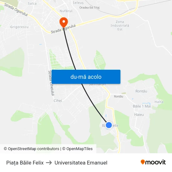 Harta de Piața Băile Felix către Universitatea Emanuel