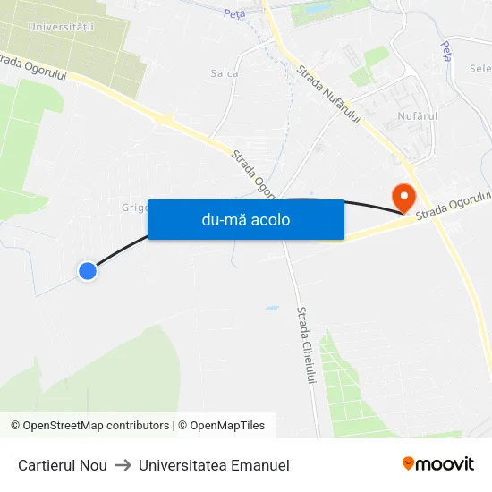 Harta de Cartierul Nou către Universitatea Emanuel