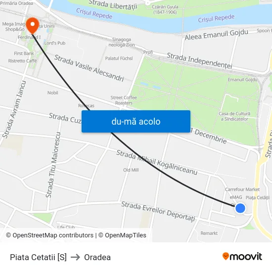 Harta de Piata Cetatii [S] către Oradea