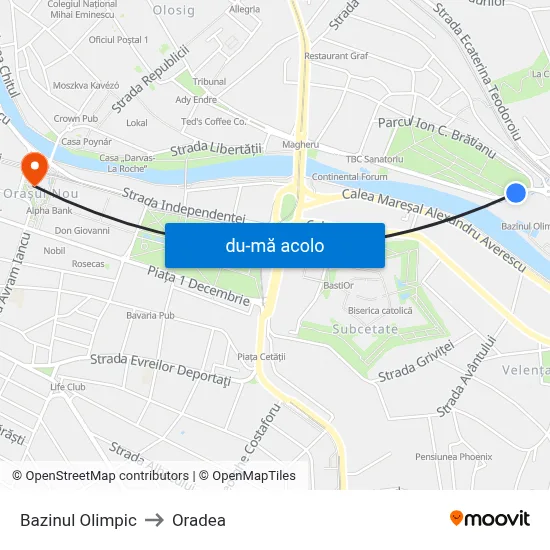 Harta de Bazinul Olimpic către Oradea