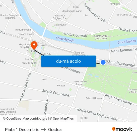 Harta de Piața 1 Decembrie către Oradea