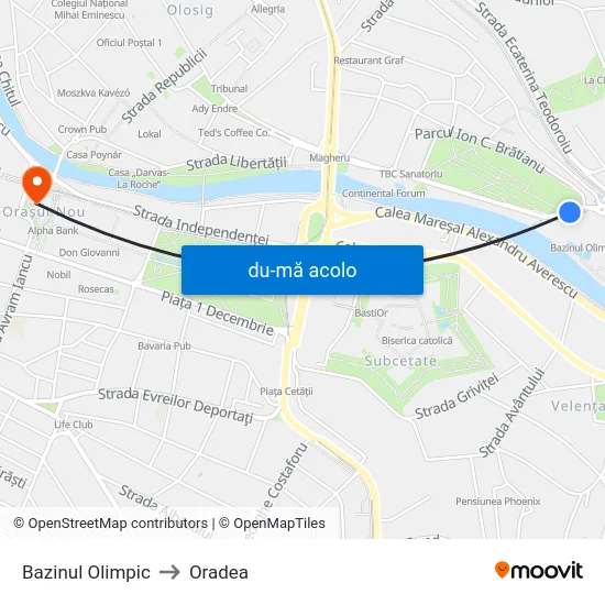 Harta de Bazinul Olimpic către Oradea