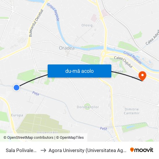 Harta de Sala Polivalentă către Agora University (Universitatea Agora)