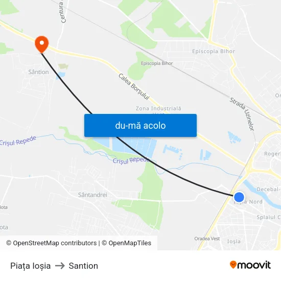 Harta de Piața Ioșia către Santion
