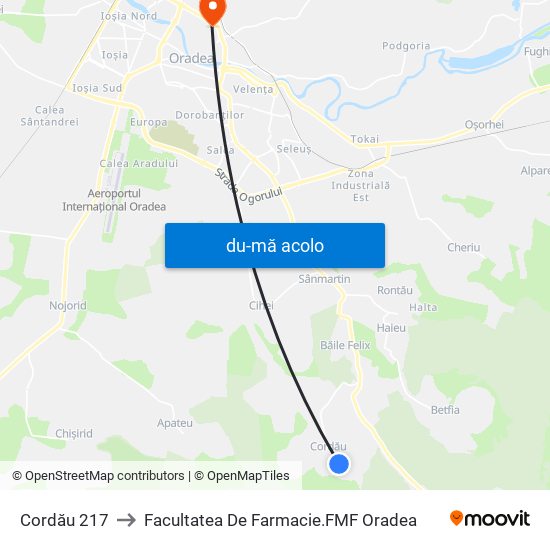 Harta de Cordău 217 către Facultatea  De Farmacie.FMF Oradea
