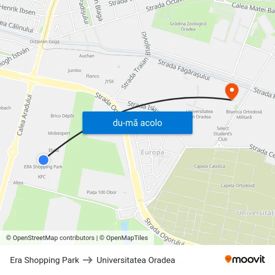 Harta de Era Shopping Park către Universitatea Oradea