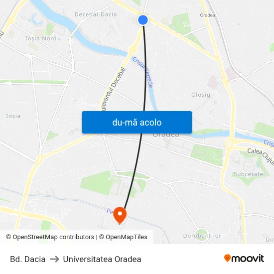 Harta de Bd. Dacia către Universitatea Oradea