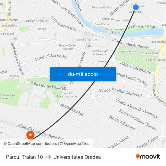 Harta de Parcul Traian 10 către Universitatea Oradea