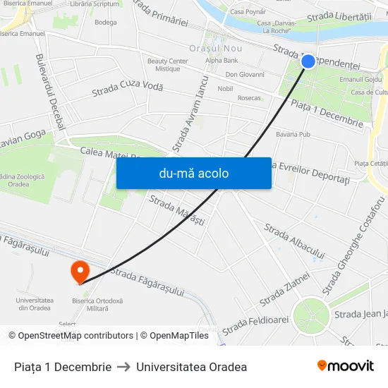 Harta de Piața 1 Decembrie către Universitatea Oradea