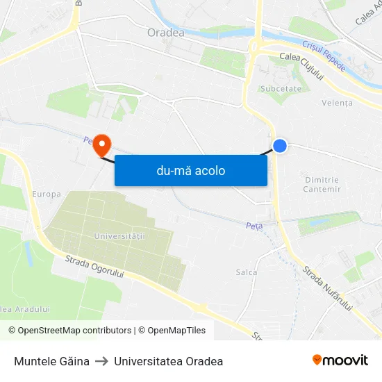 Harta de Muntele Găina către Universitatea Oradea