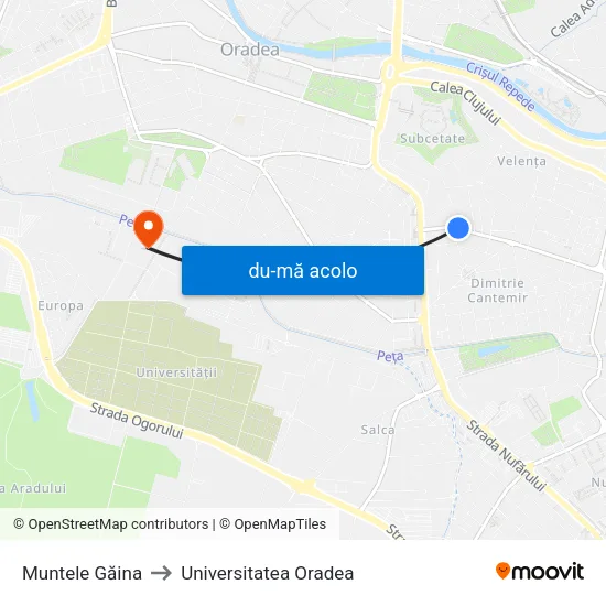 Harta de Muntele Găina către Universitatea Oradea