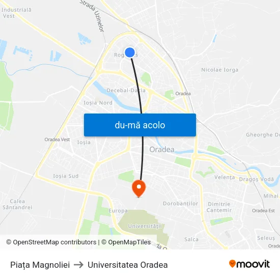 Harta de Piața Magnoliei către Universitatea Oradea