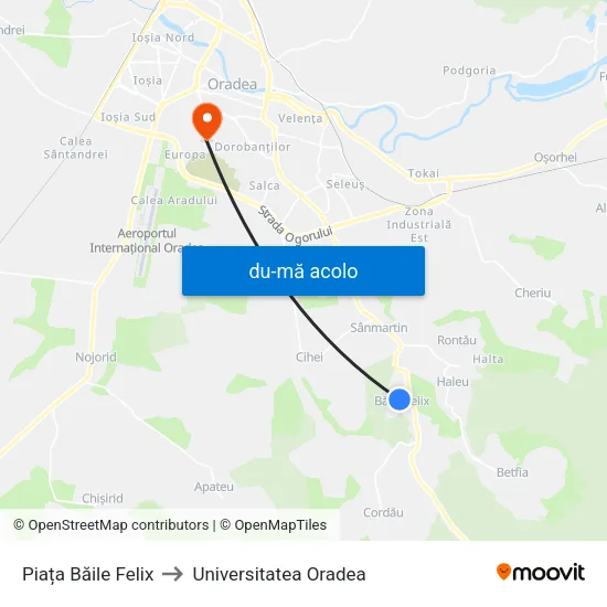Harta de Piața Băile Felix către Universitatea Oradea