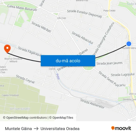 Harta de Muntele Găina către Universitatea Oradea