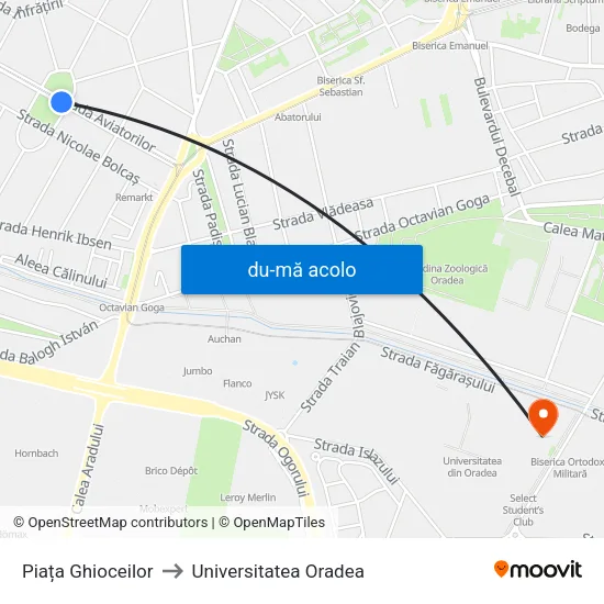 Harta de Piața Ghioceilor către Universitatea Oradea
