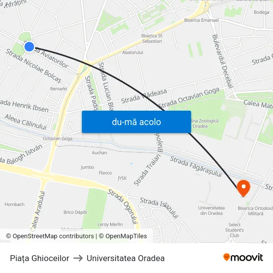 Harta de Piața Ghioceilor către Universitatea Oradea