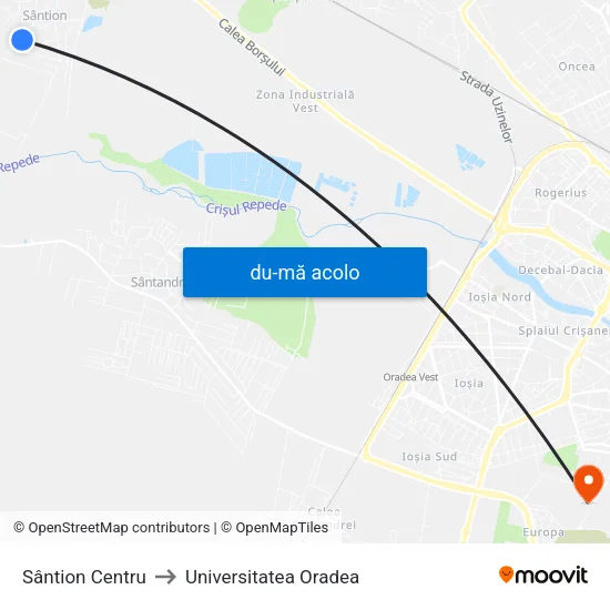 Harta de Sântion Centru către Universitatea Oradea