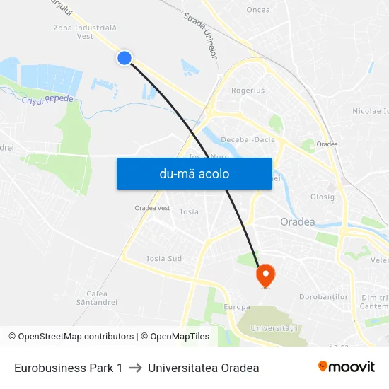 Harta de Eurobusiness Park 1 către Universitatea Oradea