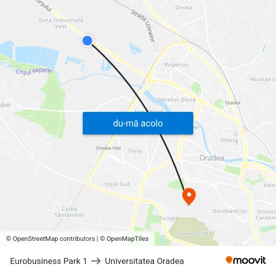 Harta de Eurobusiness Park 1 către Universitatea Oradea