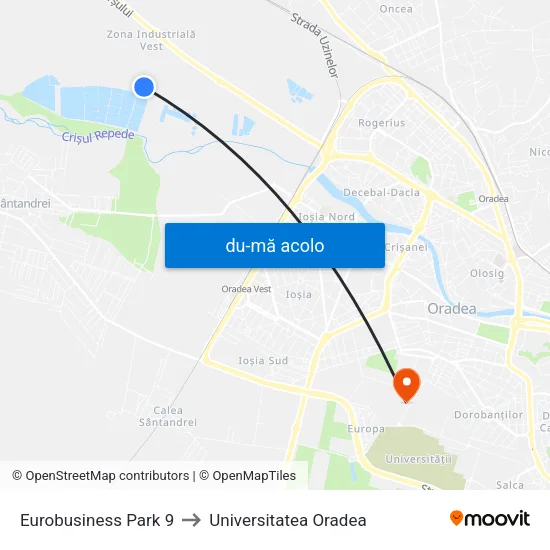 Harta de Eurobusiness Park 9 către Universitatea Oradea