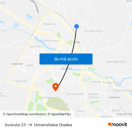Harta de Izvorului 23 către Universitatea Oradea