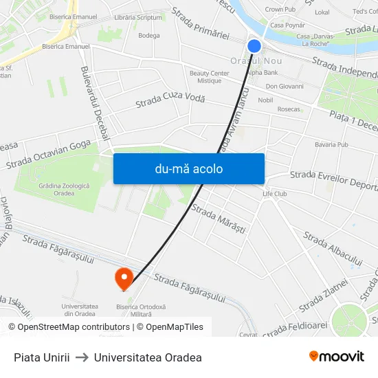 Harta de Piata Unirii către Universitatea Oradea